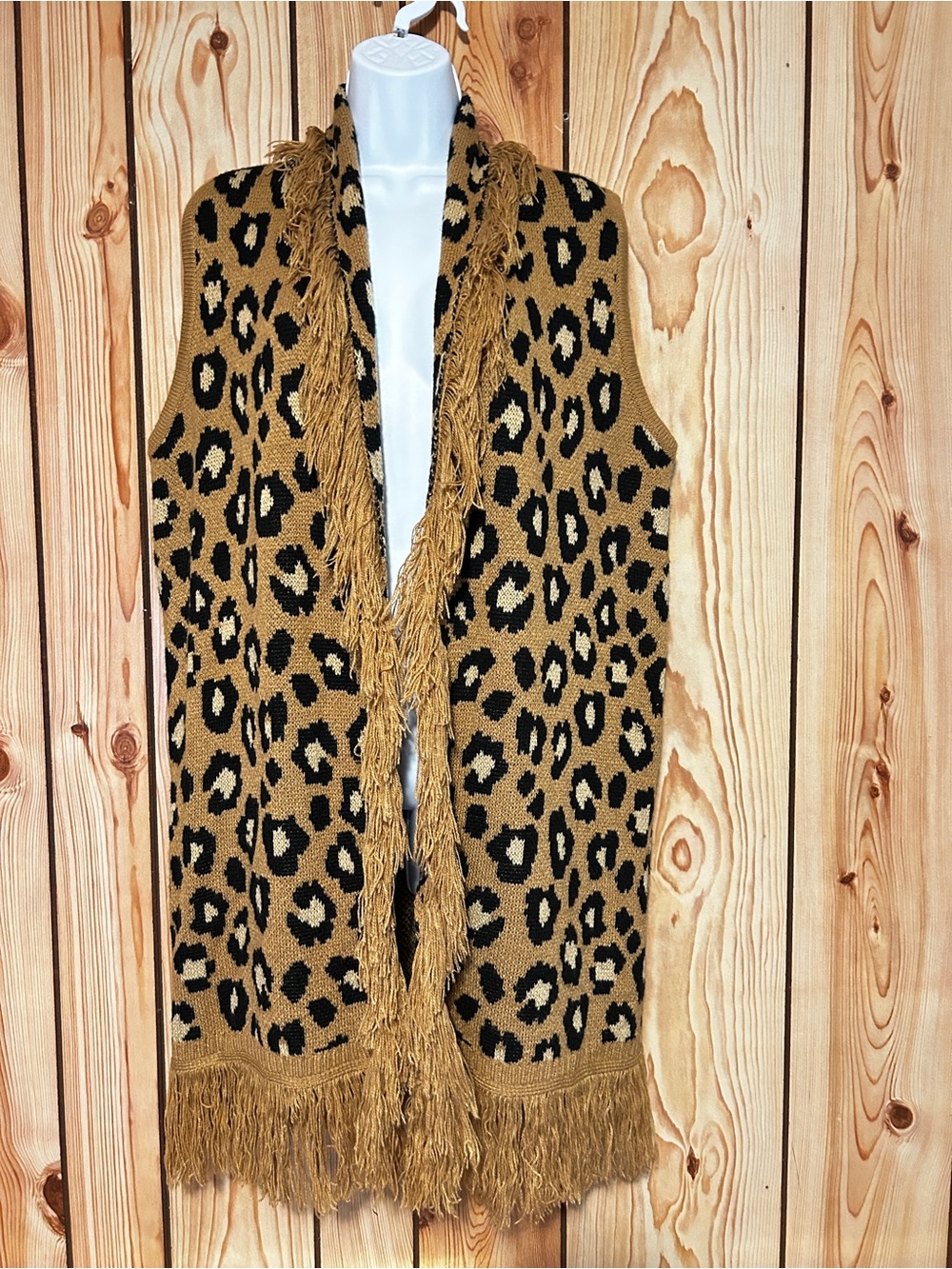 CATO Women’s Long Vest Open Front Leopard Print Brown/Black Size M Tassel Trim